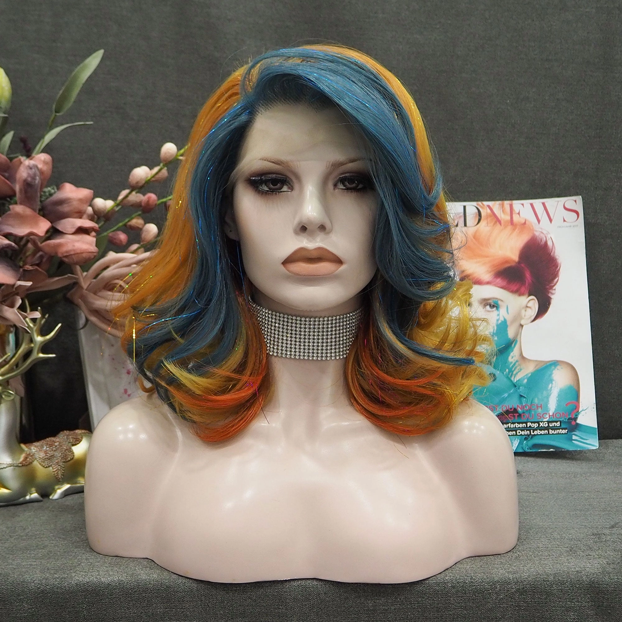 Annabelle - Blue-Blonde Orange Red with Tinsel Synthetic Lace Front Wig