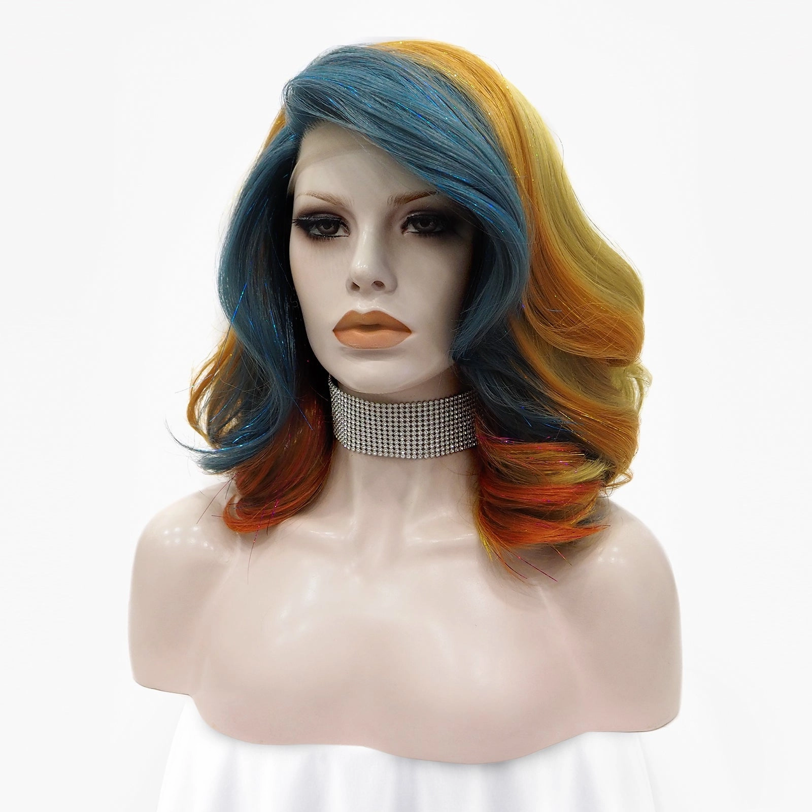 Annabelle - Blue-Blonde Orange Red with Tinsel Synthetic Lace Front Wig
