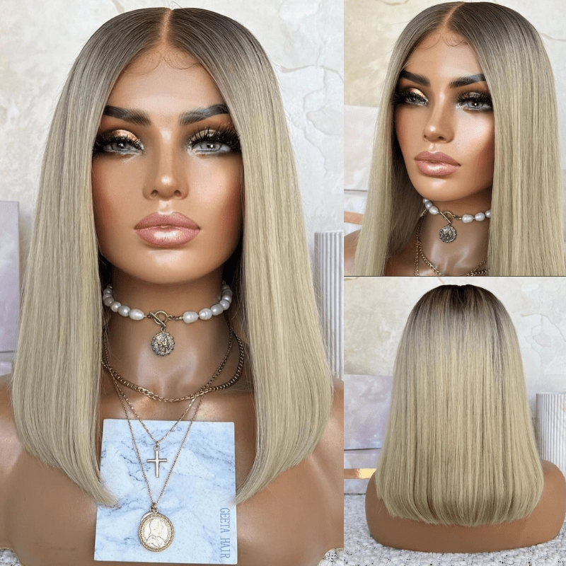 Ash Blonde Lace Front Wig 13x4 Lace Front Straight Bob Human Hair Wigs Pre Blucked 180% Density