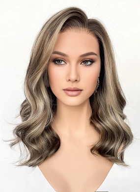 Balayage Blonde Mixed Brown Wavy Lace Front Kanekalon Synthetic Wig LF6119