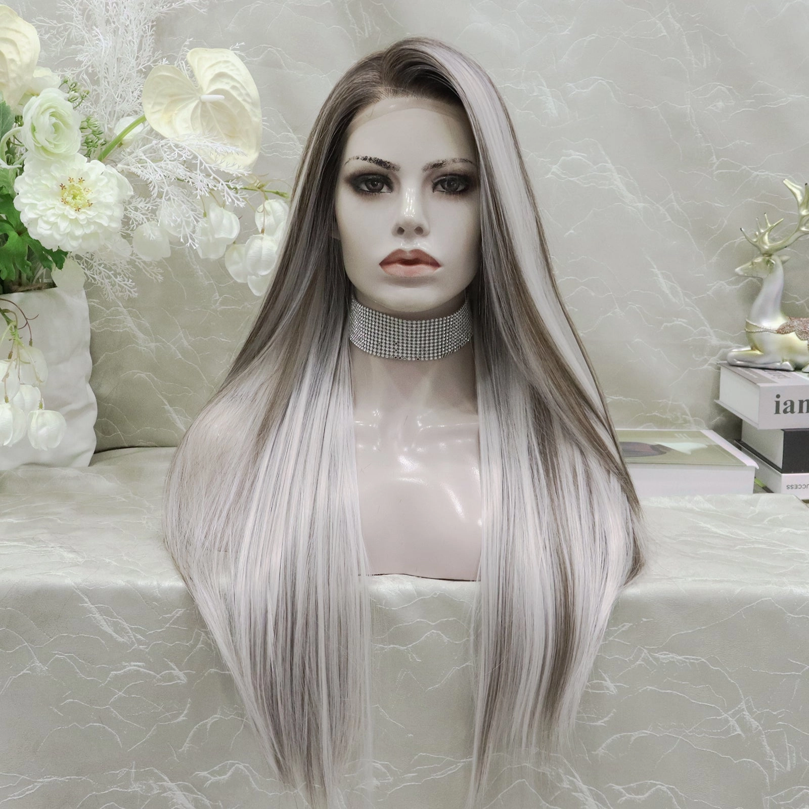 Brenda Collection Lowest density collection straight style with 13*4 lace front wigs silver mist & bubble tea & dark brown