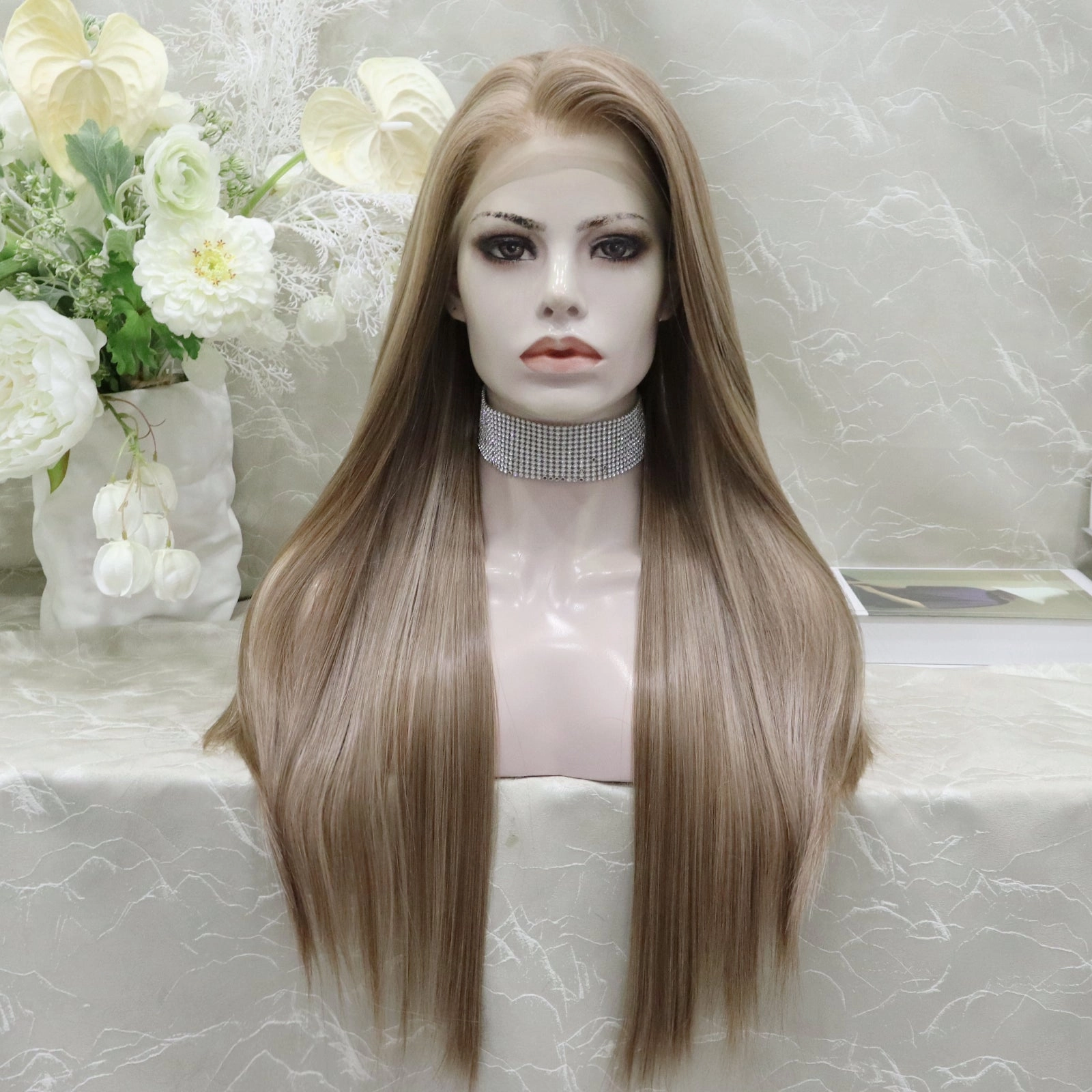 Brenda Collection Lowest density collection straight style with 13*4 lace front wigs silver mist & bubble tea & dark brown