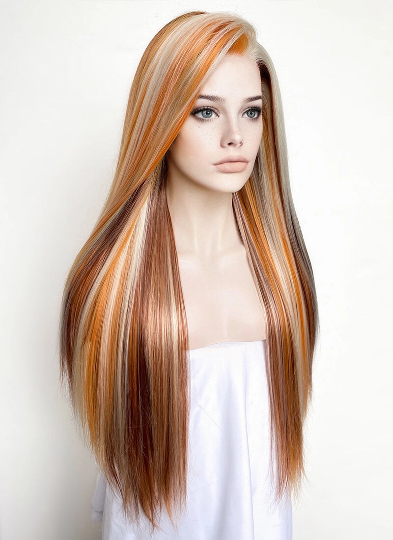 Brown Straight Synthetic Lace Front Hair Wig With Blonde Copper Highlights LW4024