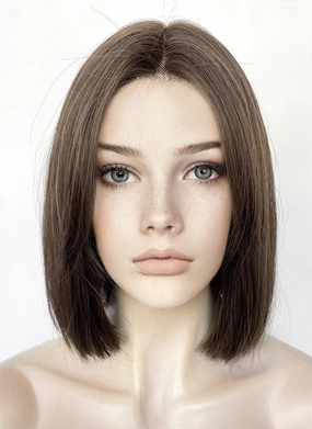Brunette Curtain Bangs Straight Bob Lace Front Synthetic Hair Wig LF3322