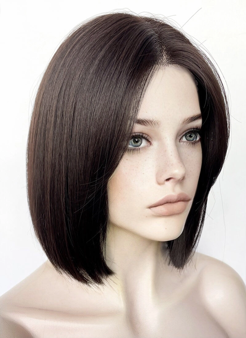 Brunette Curtain Bangs Straight Bob Lace Front Synthetic Hair Wig LF3323