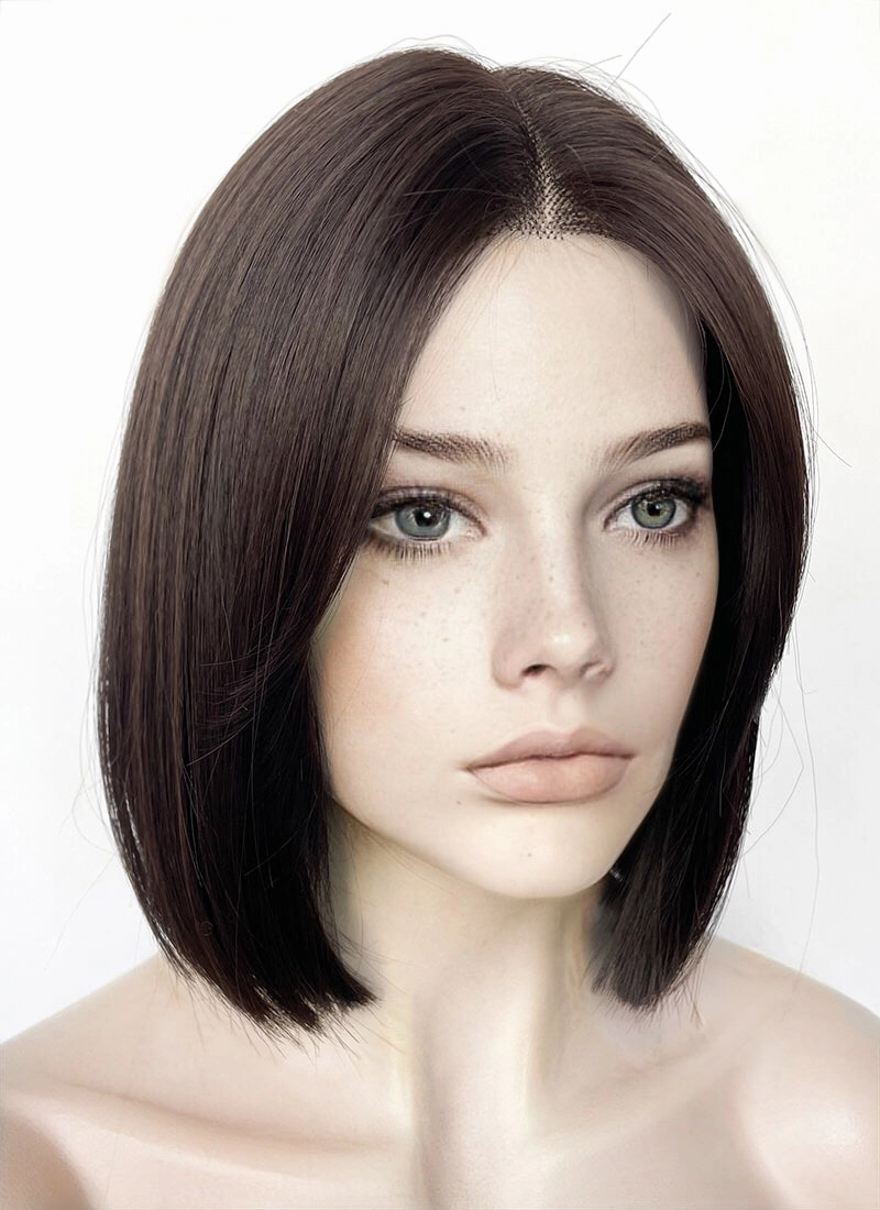 Brunette Curtain Bangs Straight Bob Lace Front Synthetic Hair Wig LF3323
