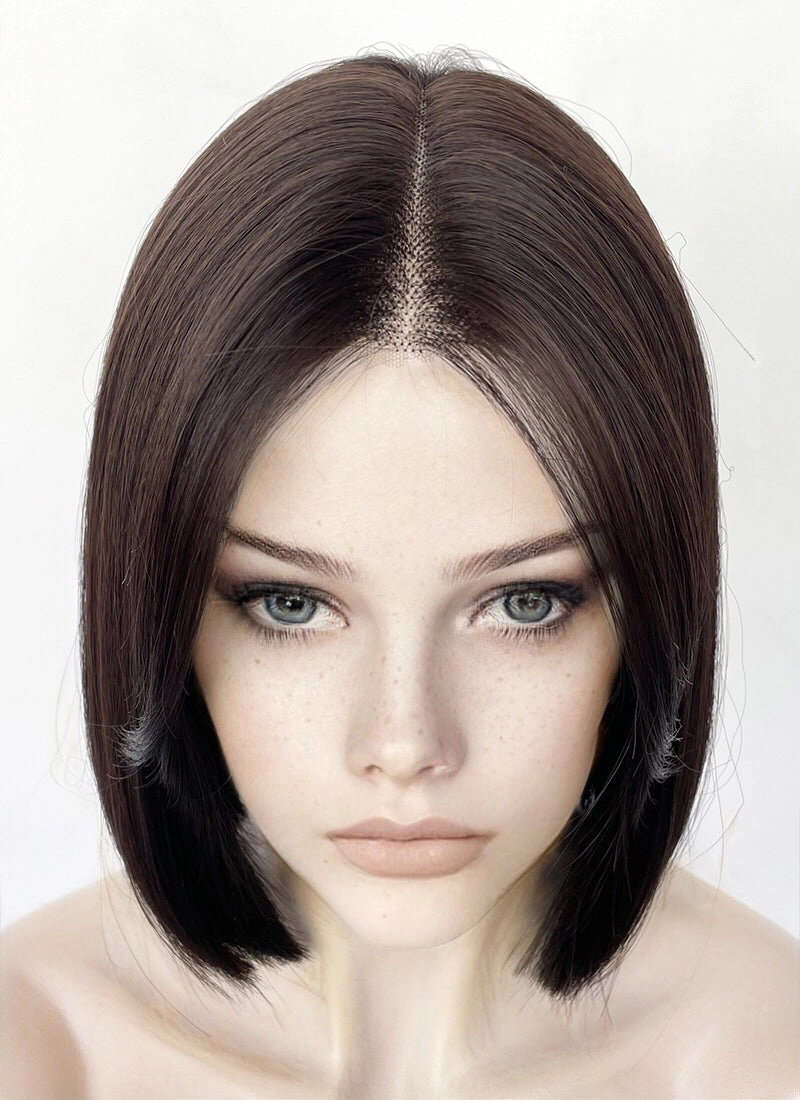 Brunette Curtain Bangs Straight Bob Lace Front Synthetic Hair Wig LF3323