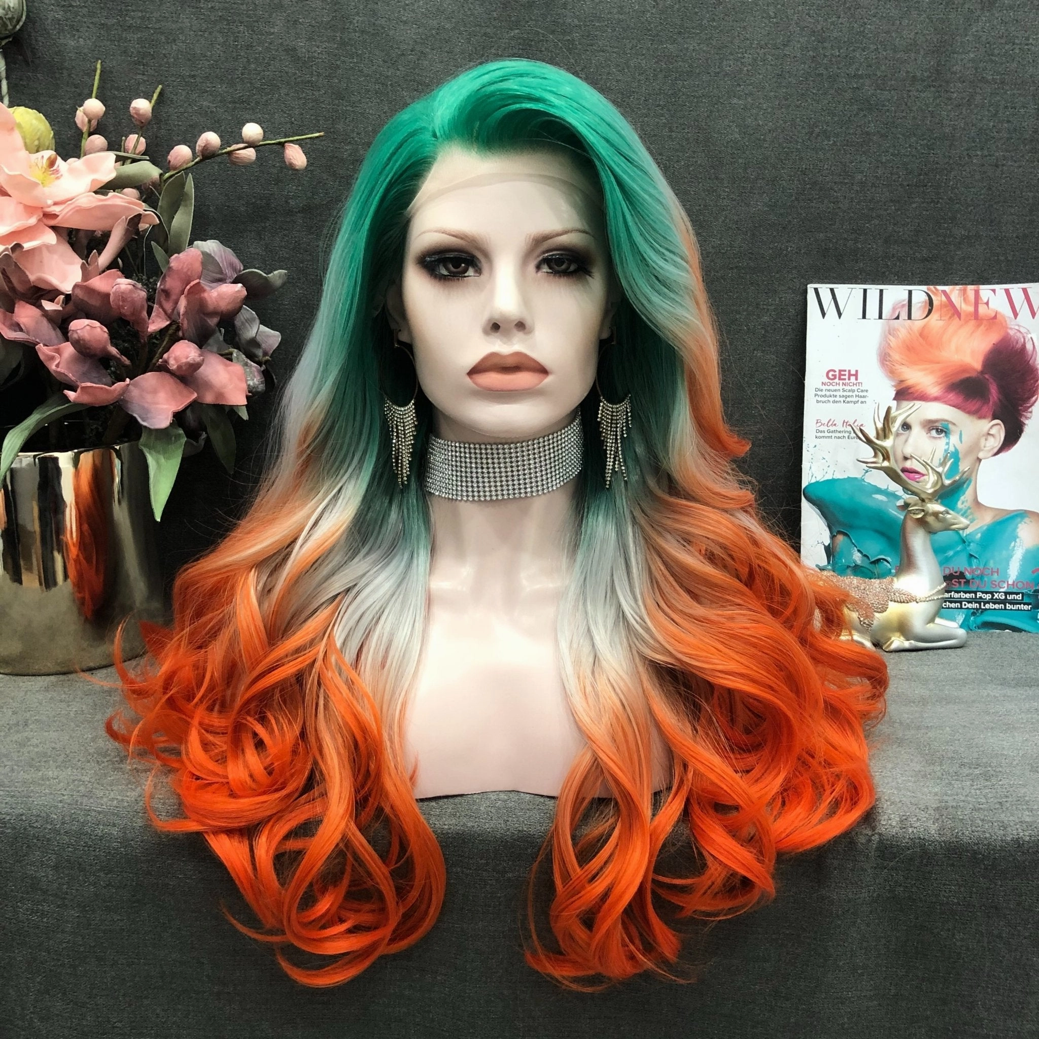 Cocktail - Green & Orange Ombre Long Wavy Synthetic Lace Front Wig