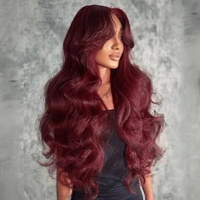 Curtain Bangs Burgundy Colored Glueless Human Hair Wigs Body Wave 13x4 Transparent Lace Front Wig