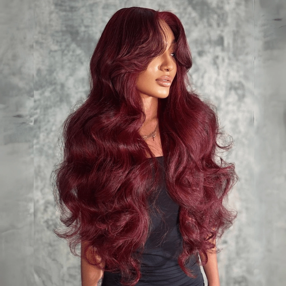 Curtain Bangs Burgundy Colored Glueless Human Hair Wigs Body Wave 13x4 Transparent Lace Front Wig