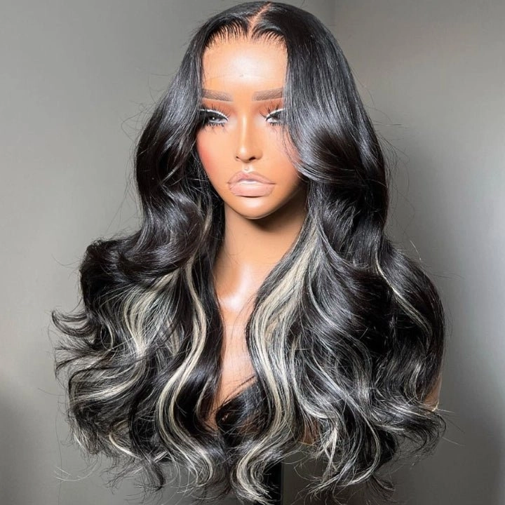 Funky Colored Wigs | Glueless 13x4/6x4.5 Money Piece Light Blonde Mix Black Body Wave Pre Cut HD Transaparent Lace Human Hair Wigs With Breathable Cap Highlights Air Wig-Geeta Hair