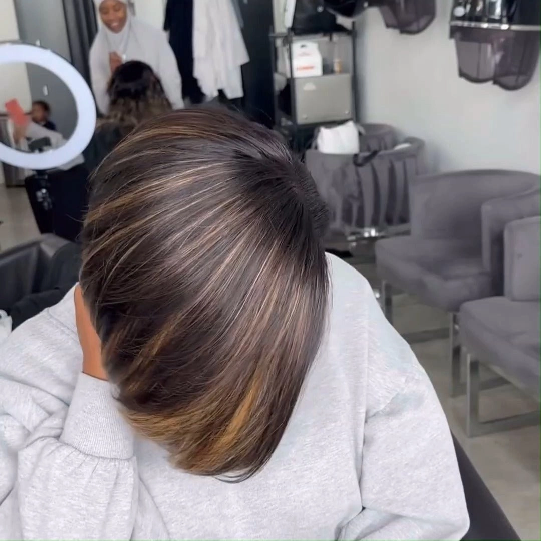 Geeta Brown Highlight Side Part Short Bob Wig Glueless Straight Lace Front Human Hair Wigs Pre Plucked