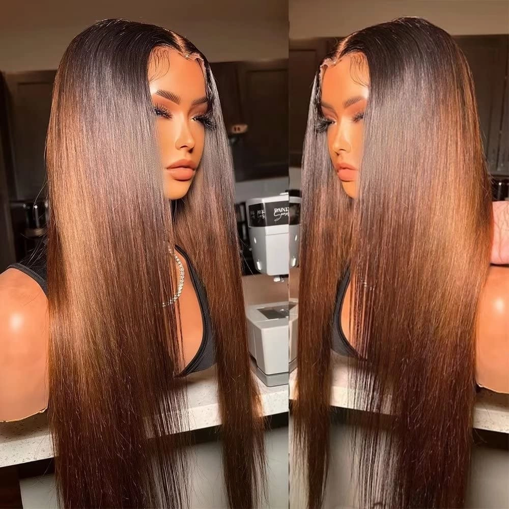 Geeta Brown Straight Glueless Wigs T1B/2/4 Ombre 13X4 Lace Front Wig Human Hair Pre Plucked