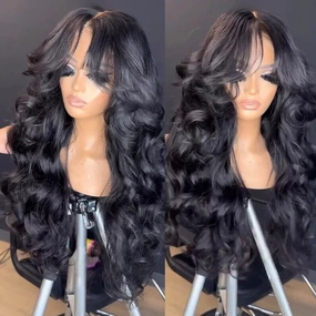 Geeta Full 250% Density Loose Body Wave Human Hair Wigs 13x4 Ocean Wave Lace Front Wigs with Curtain Bangs
