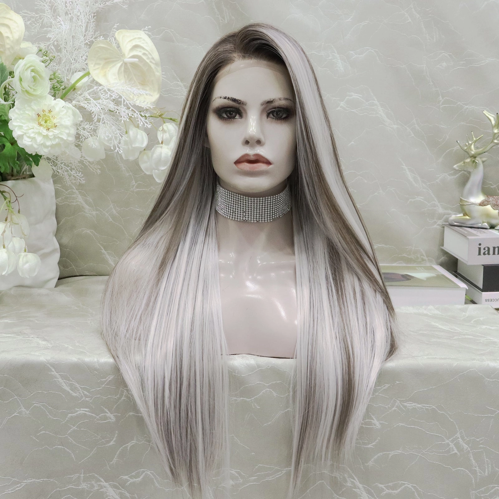 Imstyle sliver mist grey with highlights and dark roots 28 inches free part Synthetic Lace Front Wig