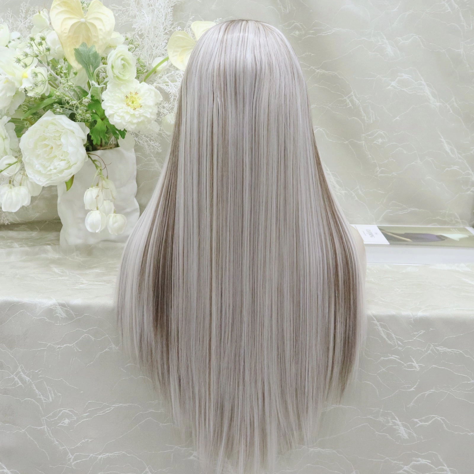 Imstyle sliver mist grey with highlights and dark roots 28 inches free part Synthetic Lace Front Wig