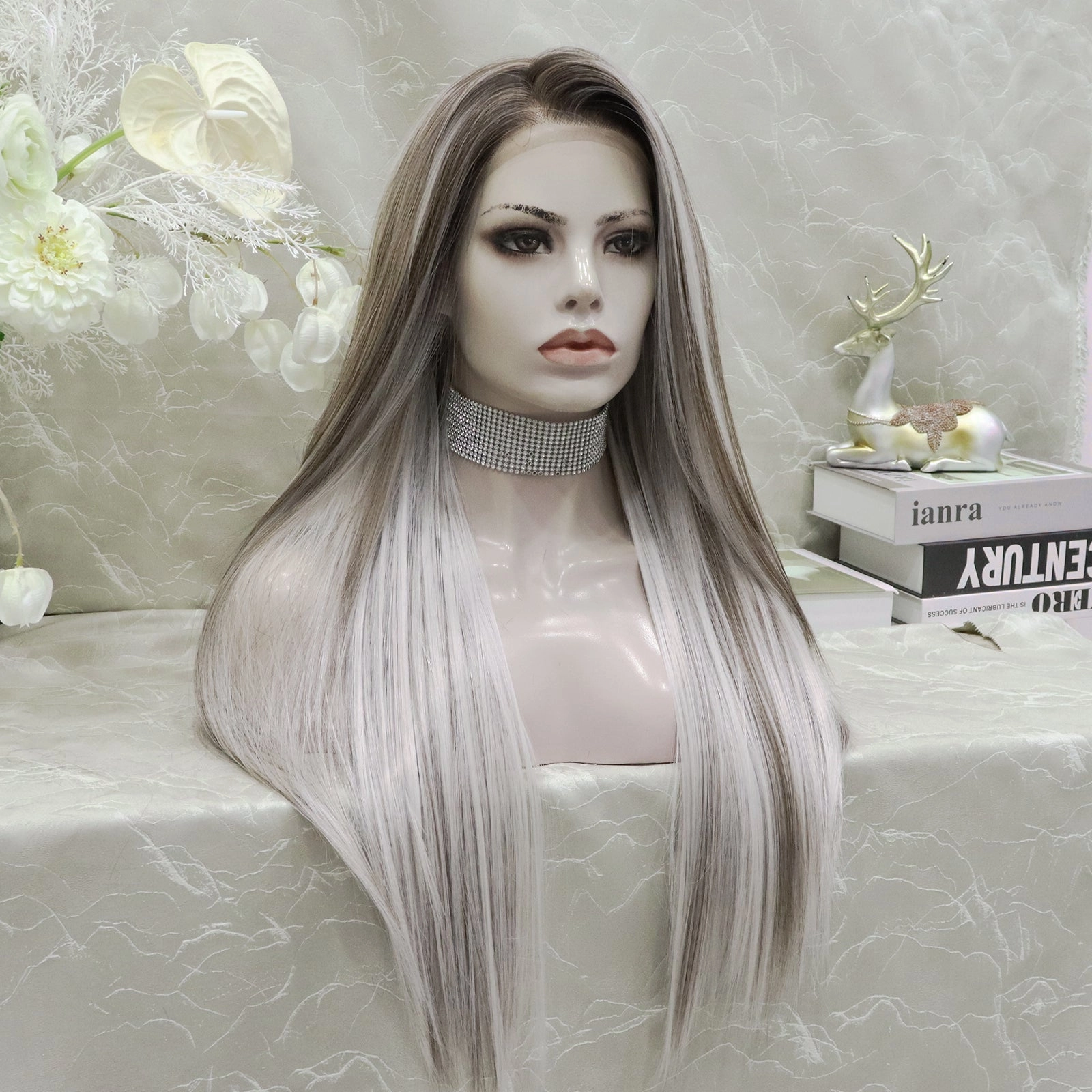 Imstyle sliver mist grey with highlights and dark roots 28 inches free part Synthetic Lace Front Wig