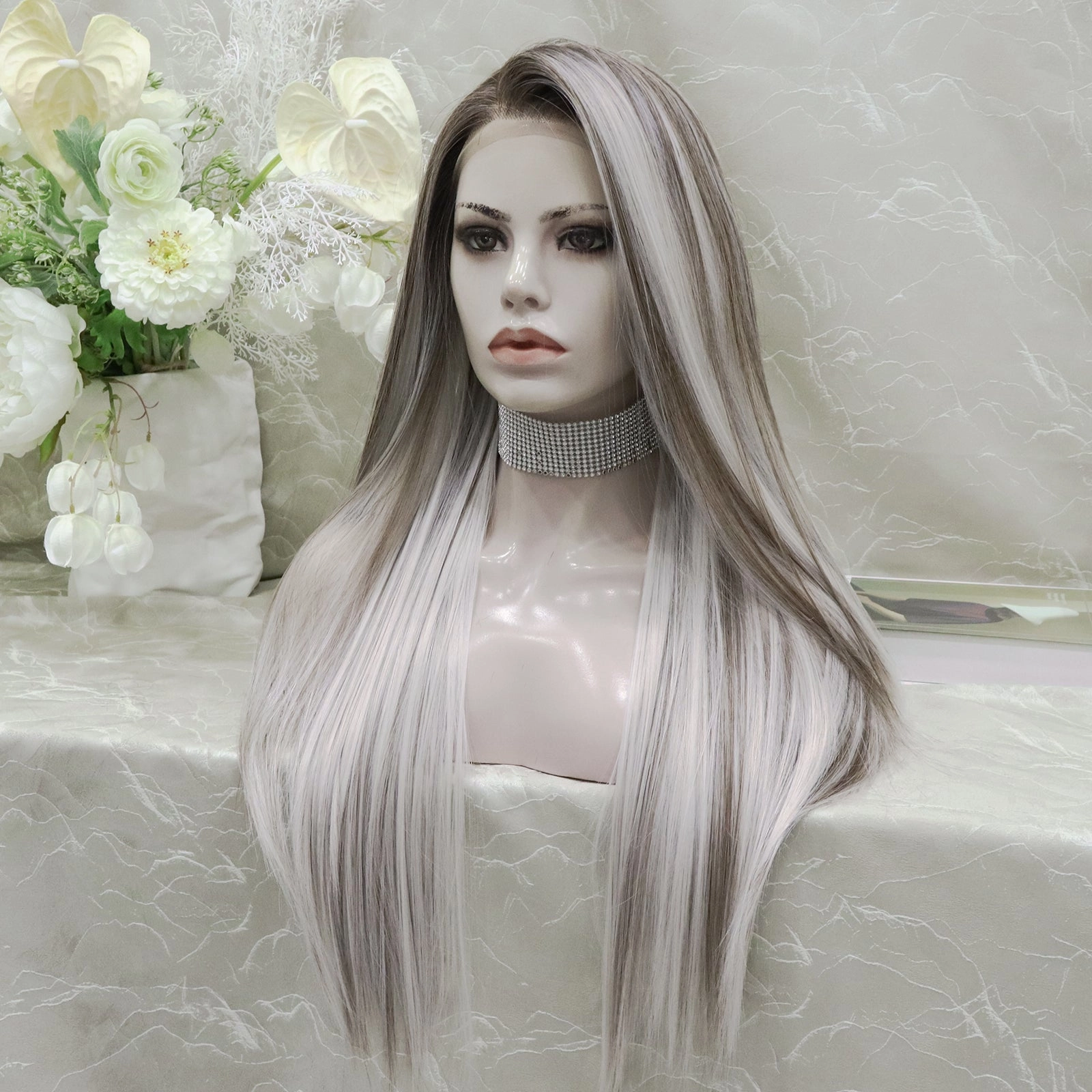 Imstyle sliver mist grey with highlights and dark roots 28 inches free part Synthetic Lace Front Wig