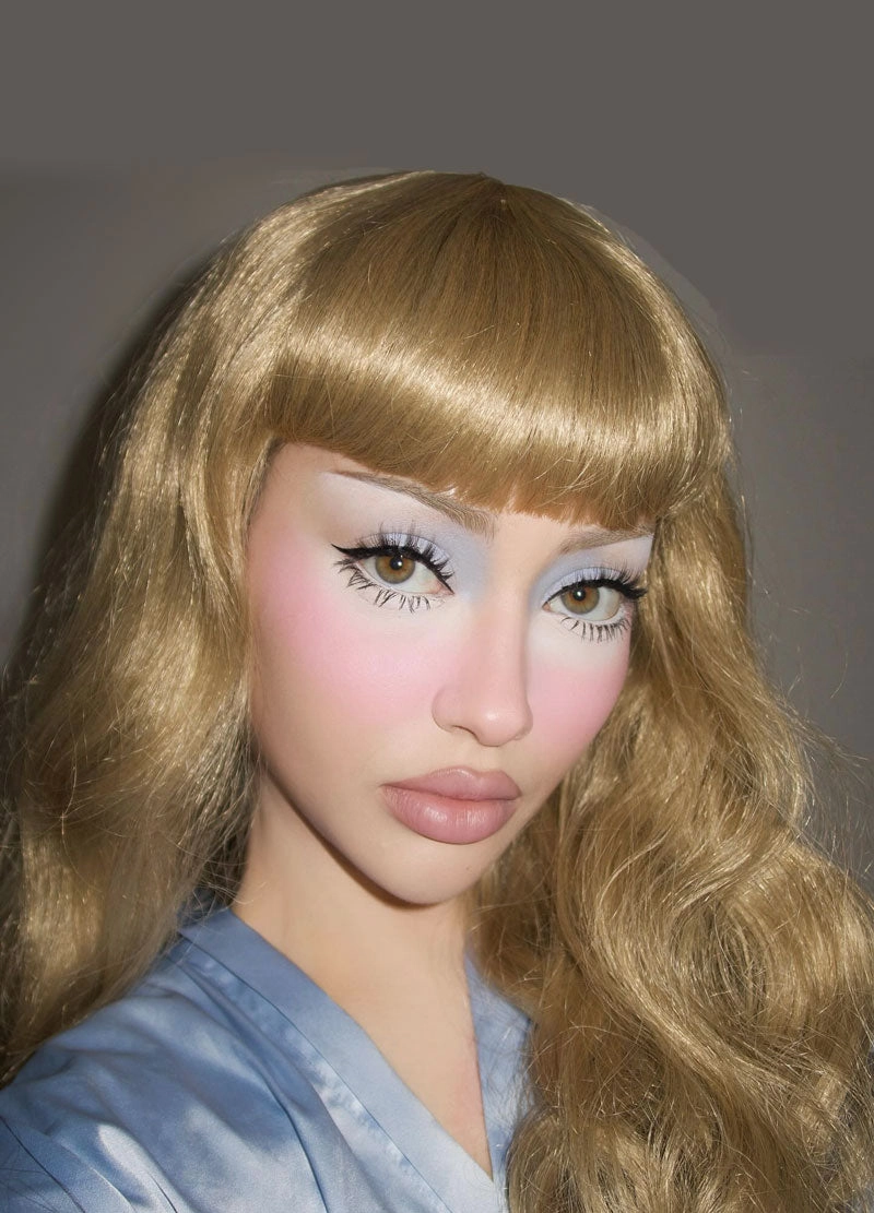 Long blonde 1950s style wig, gently wavy with short fringe: Emmeline