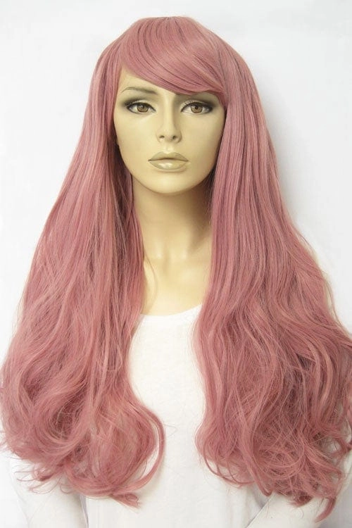Long wavy pink wig with sweeping fringe: Millicent