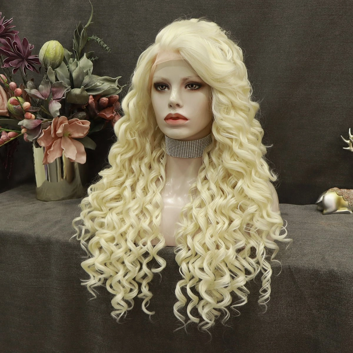 Platinum Blonde Kinky Curly Lace Front Synthetic Wigs AM181001613