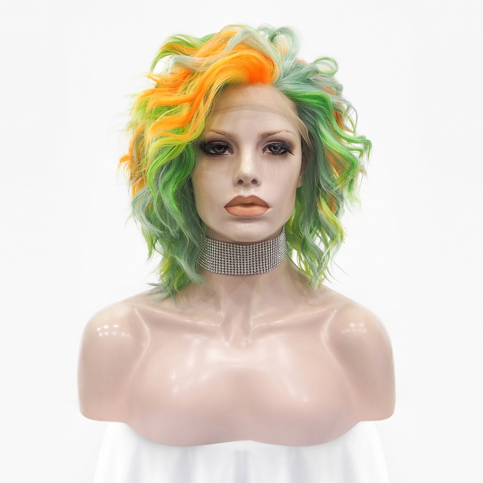Spring Green and Orange Yellow  Short Curly Synthetic Lace Front Imstyle Wig