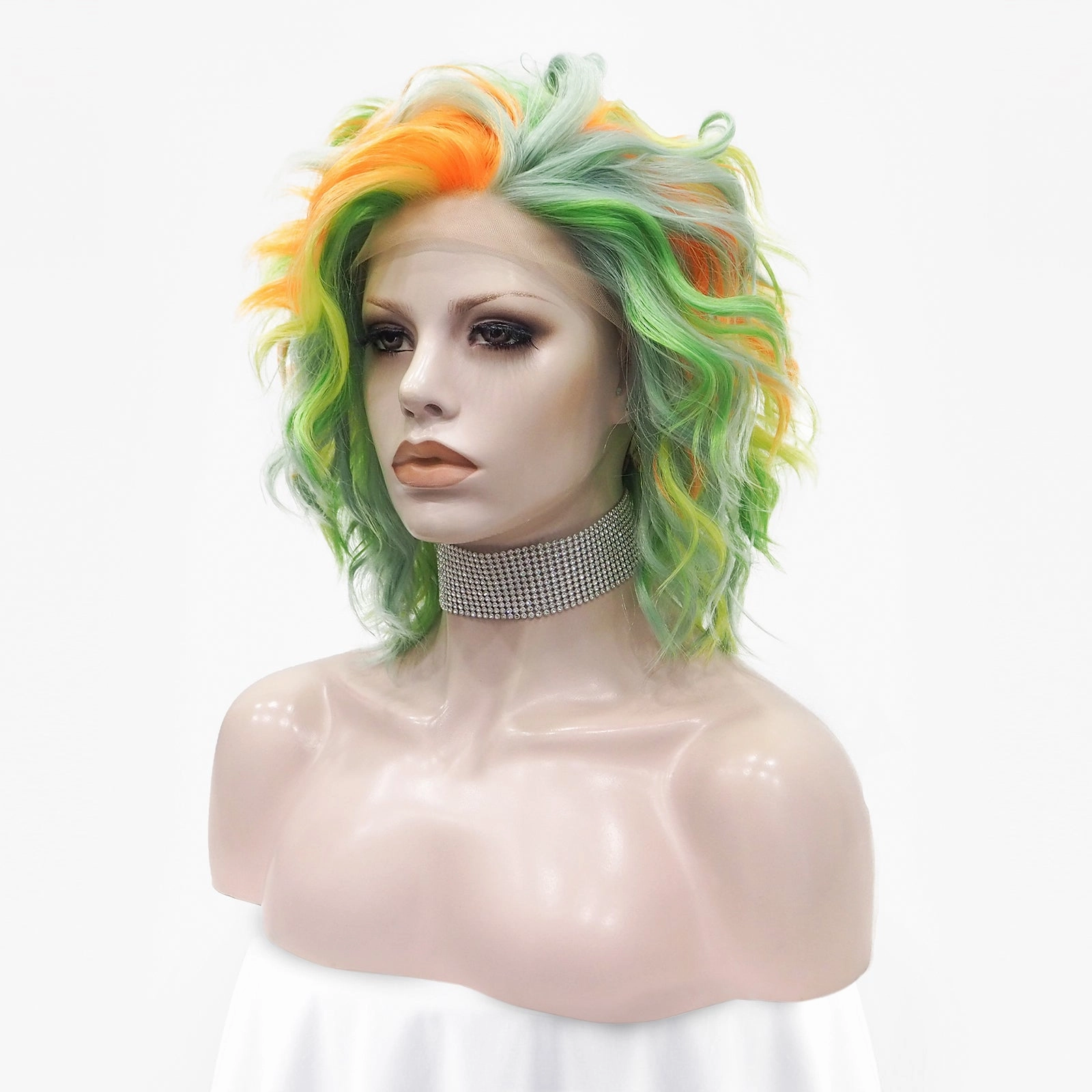 Spring Green and Orange Yellow  Short Curly Synthetic Lace Front Imstyle Wig