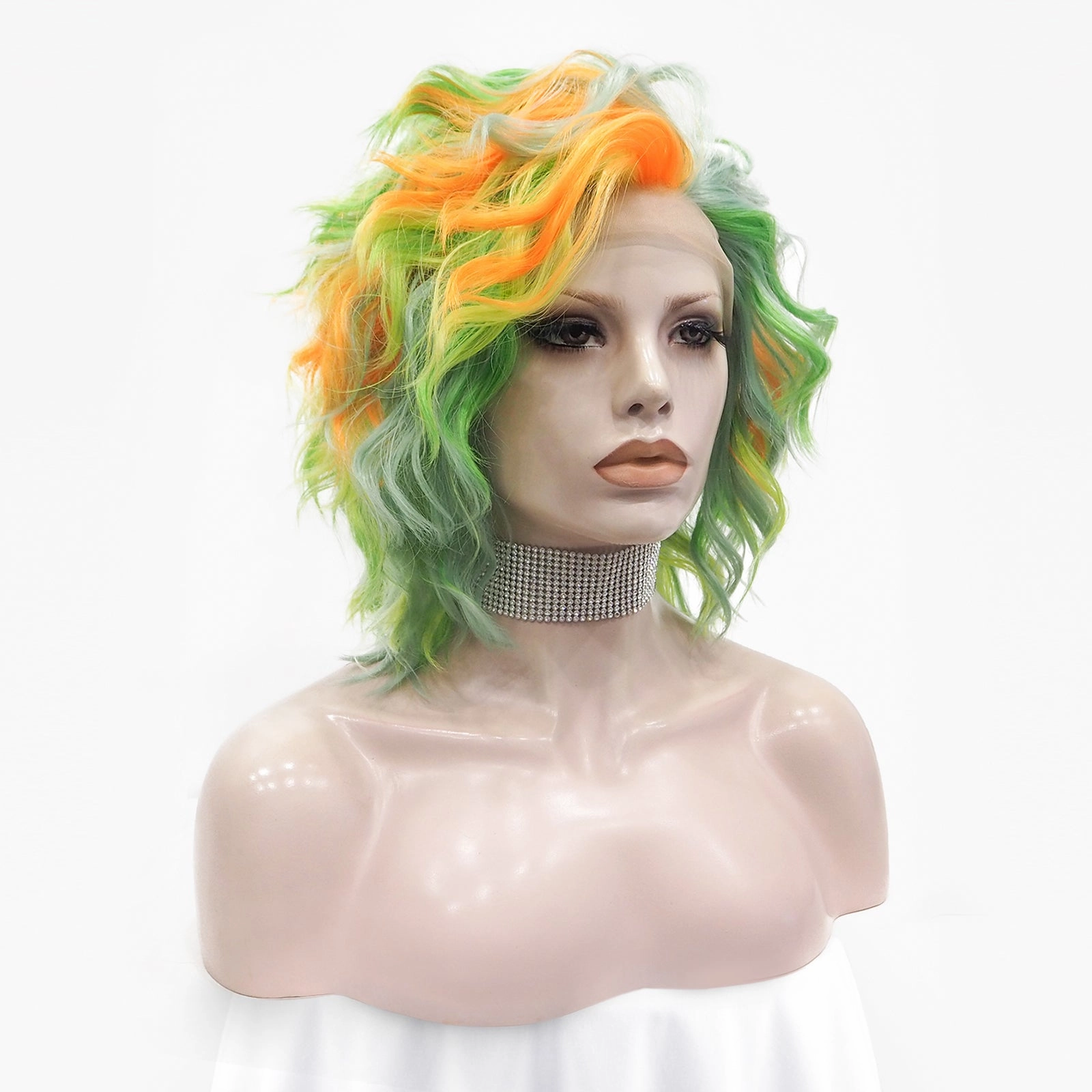 Spring Green and Orange Yellow  Short Curly Synthetic Lace Front Imstyle Wig