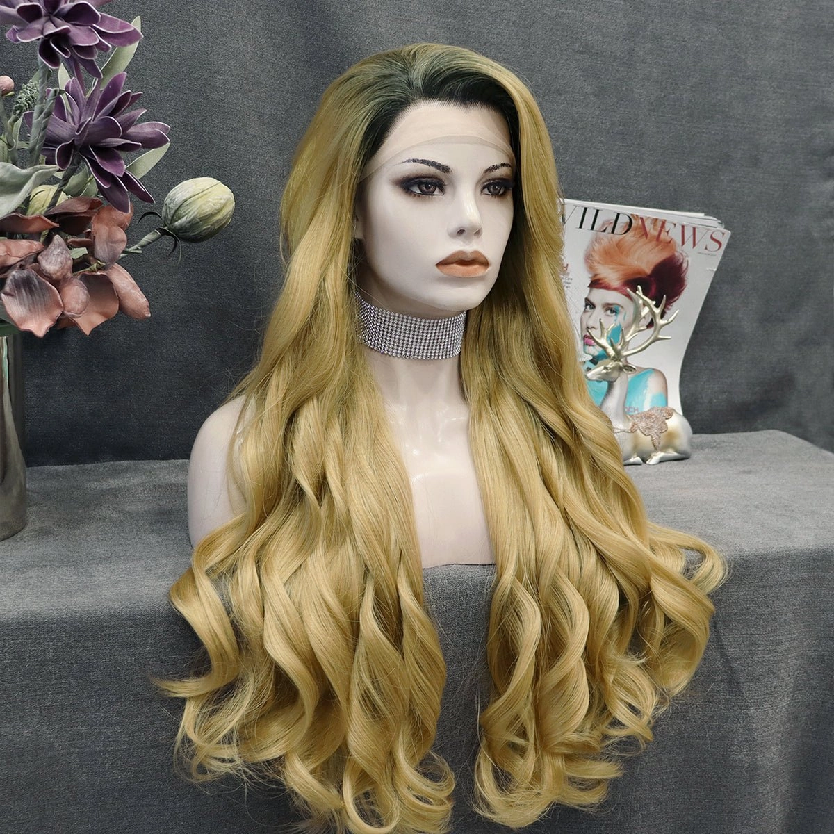 Tina - Blonde With Dark Root Long Wavy Synthetic Lace Front Wig