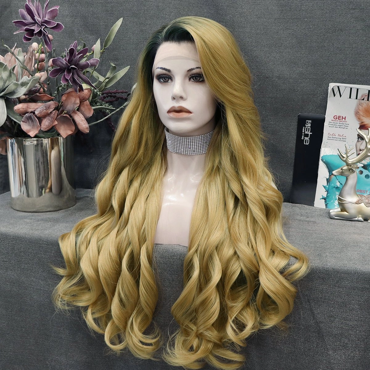 Tina - Blonde With Dark Root Long Wavy Synthetic Lace Front Wig