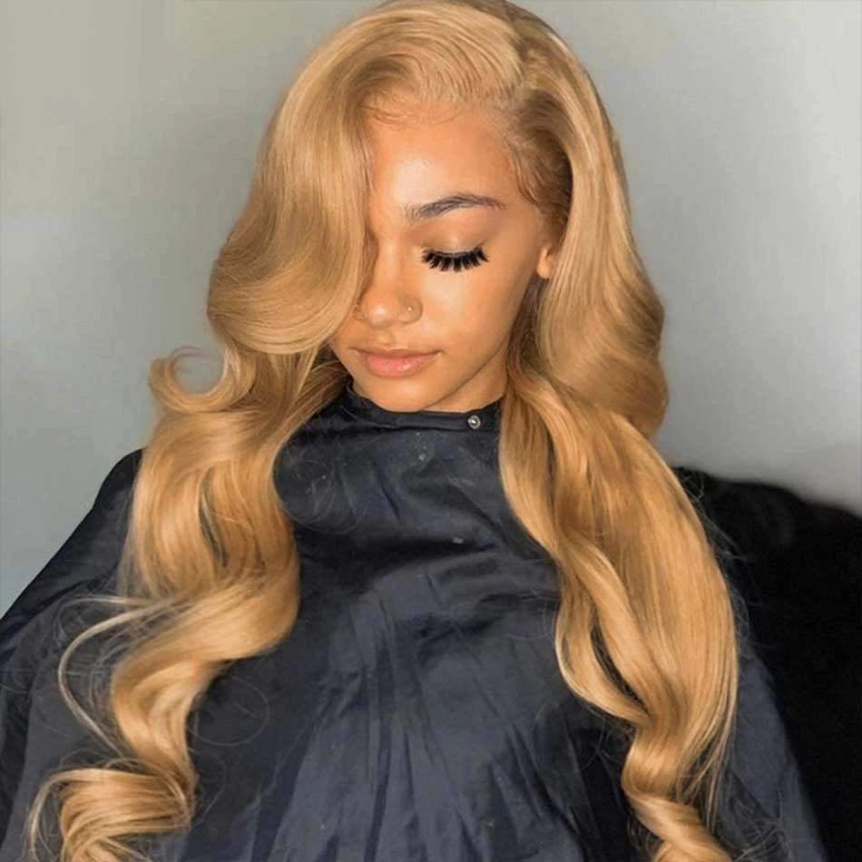 Tuneful Glueless 27# Honey Blonde Colored Human Hair Body Wave Frontal Wigs