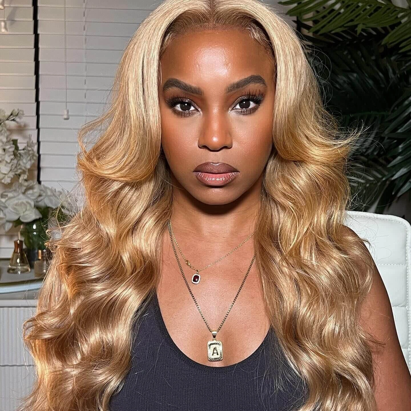 Tuneful Glueless 27# Honey Blonde Colored Human Hair Body Wave Frontal Wigs