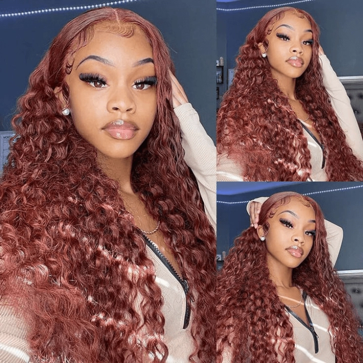 Tuneful Glueless #33 Auburn Color Glueless 13x6 5x5 6x5 Lace Front Closure Human Hair Wigs Water Wave 180% Density Wigs