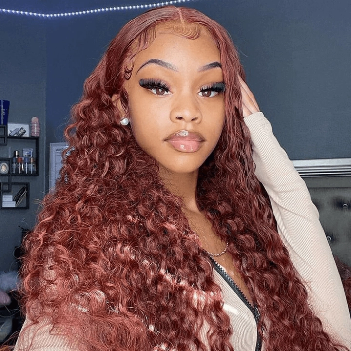 Tuneful Glueless #33 Auburn Color Glueless 13x6 5x5 6x5 Lace Front Closure Human Hair Wigs Water Wave 180% Density Wigs