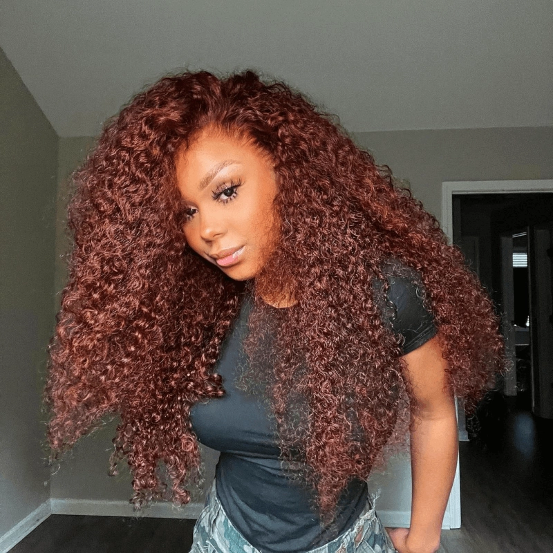 Tuneful Glueless #33 Auburn Colored 13x6 5x5 6x5 Lace Front Closure Human Hair Wigs Jerry Curly Wigs 180% Density