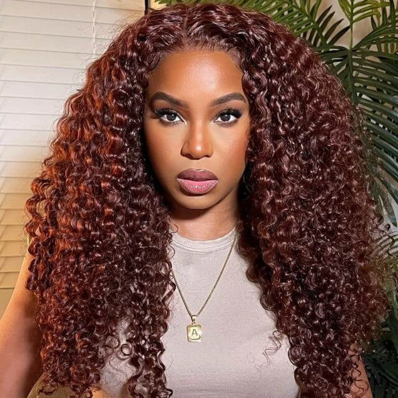 Tuneful Glueless #33 Auburn Colored 13x6 5x5 6x5 Lace Front Closure Human Hair Wigs Jerry Curly Wigs 180% Density