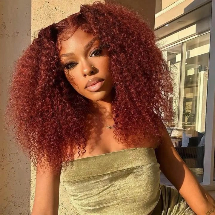 Tuneful Glueless #33 Auburn Colored 13x6 5x5 6x5 Lace Front Closure Human Hair Wigs Kinky Curly Wigs