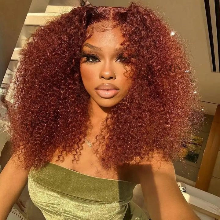 Tuneful Glueless #33 Auburn Colored 13x6 5x5 6x5 Lace Front Closure Human Hair Wigs Kinky Curly Wigs