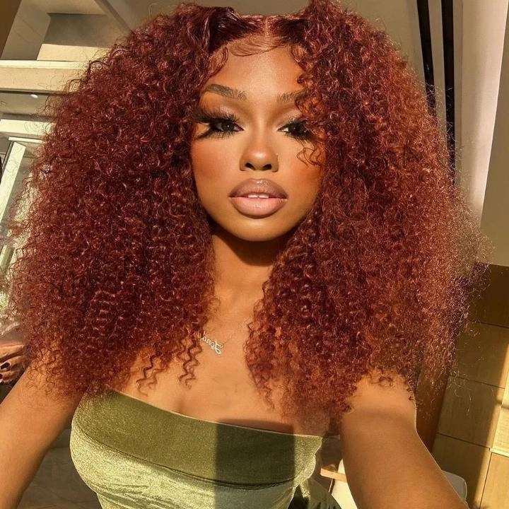 Tuneful Glueless #33 Auburn Colored 13x6 5x5 6x5 Lace Front Closure Human Hair Wigs Kinky Curly Wigs
