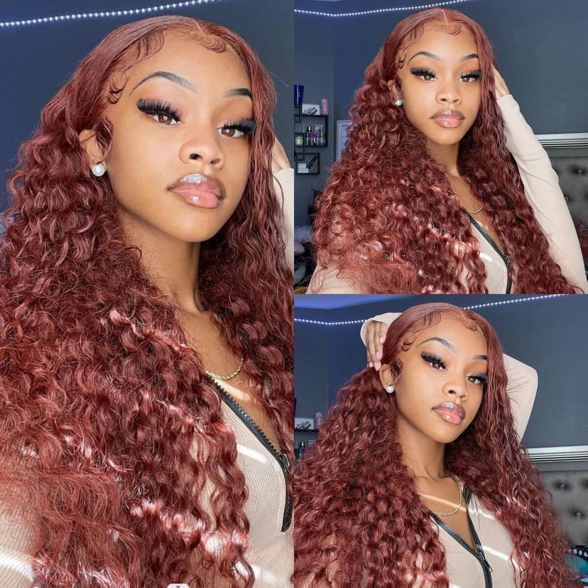 Tuneful Glueless #33 Auburn Reddish Brown Color 13x6 5x5 6x5 Lace Front Closure Deep Wave 180% Density Wigs