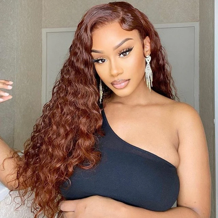 Tuneful Glueless #33 Auburn Reddish Brown Color 13x6 5x5 6x5 Lace Front Closure Deep Wave 180% Density Wigs