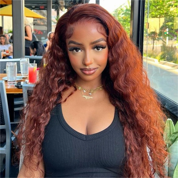 Tuneful Glueless #33 Auburn Reddish Brown Color 13x6 5x5 6x5 Lace Front Closure Deep Wave 180% Density Wigs