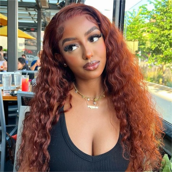 Tuneful Glueless #33 Auburn Reddish Brown Color 13x6 5x5 6x5 Lace Front Closure Deep Wave 180% Density Wigs