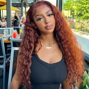 Tuneful Glueless #33 Auburn Reddish Brown Color 13x6 5x5 6x5 Lace Front Closure Deep Wave 180% Density Wigs