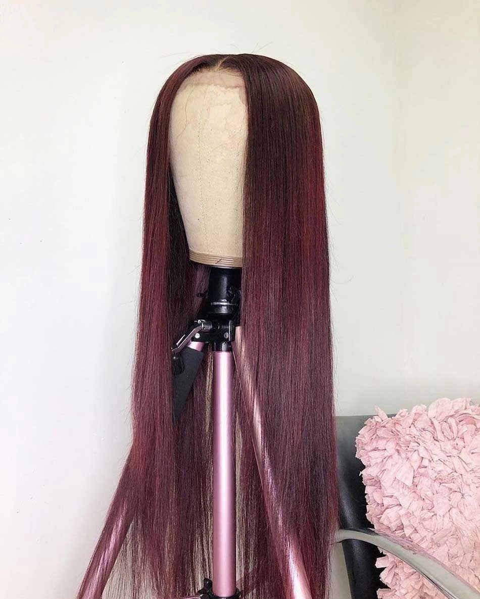 Tuneful Glueless 99j Colored Straight 13x6 5x5 6x5 Lace Frontal Closure Human Hair 180% Density Wigs