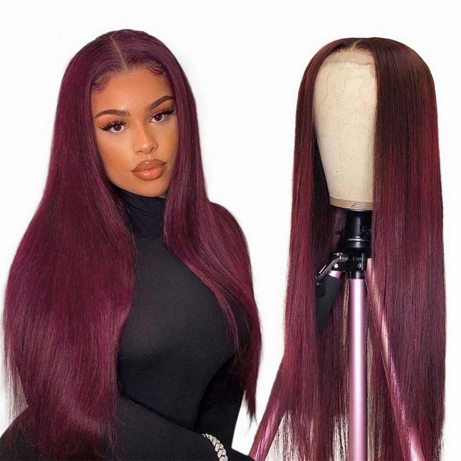 Tuneful Glueless 99j Colored Straight 13x6 5x5 6x5 Lace Frontal Closure Human Hair 180% Density Wigs