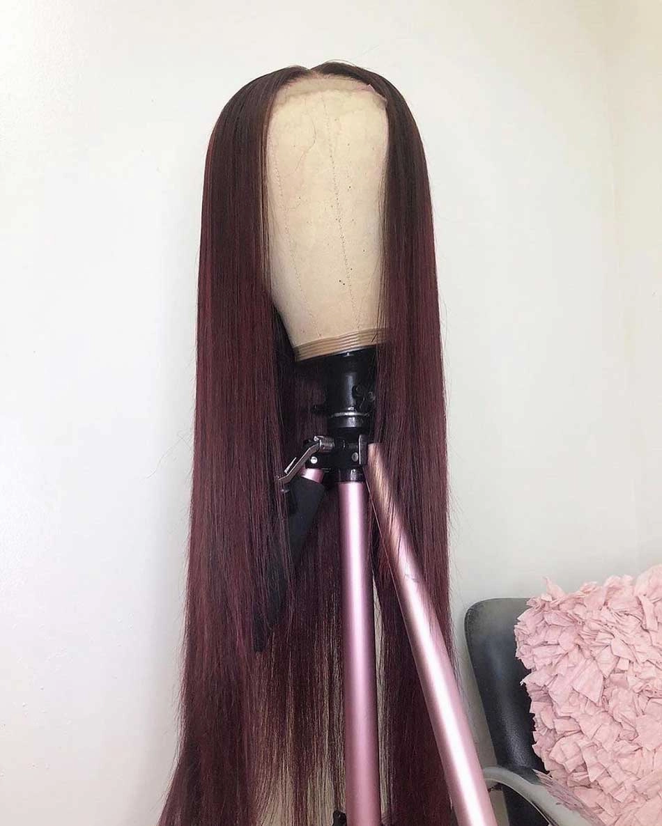 Tuneful Glueless 99j Colored Straight 13x6 5x5 6x5 Lace Frontal Closure Human Hair 180% Density Wigs