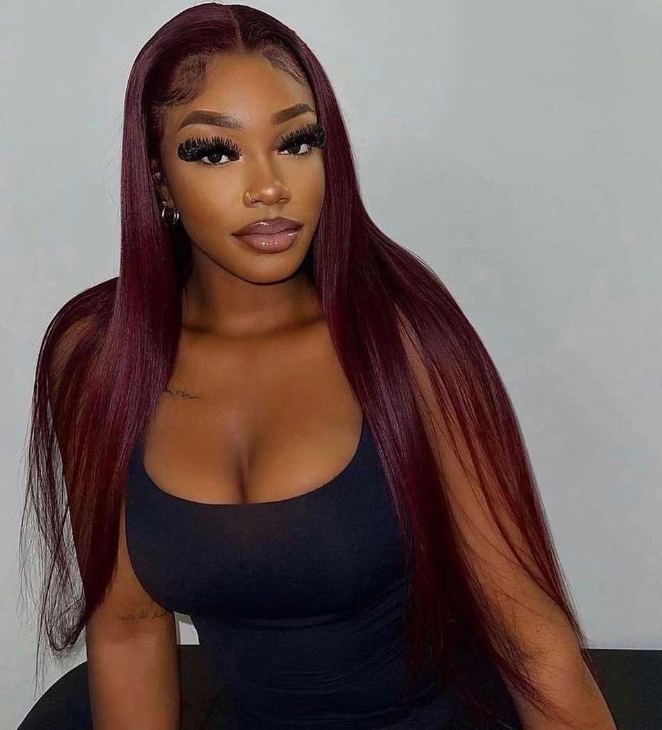 Tuneful Glueless 99j Colored Straight 13x6 5x5 6x5 Lace Frontal Closure Human Hair 180% Density Wigs