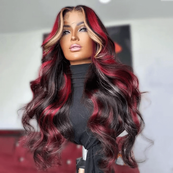 Tuneful Glueless Blonde With Red Highlights Colored 13x6 6x5 Lace Front Closure Body Wave Wig