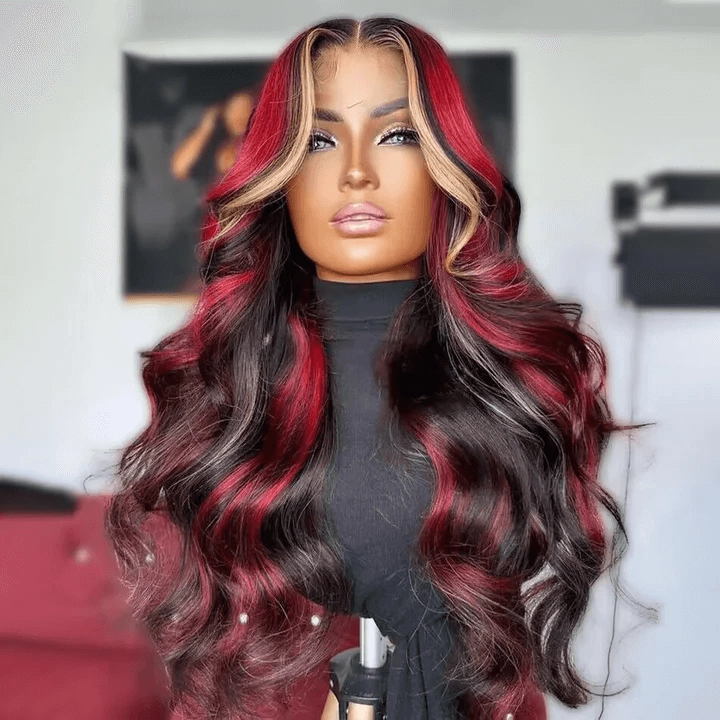 Tuneful Glueless Blonde With Red Highlights Colored 13x6 6x5 Lace Front Closure Body Wave Wig